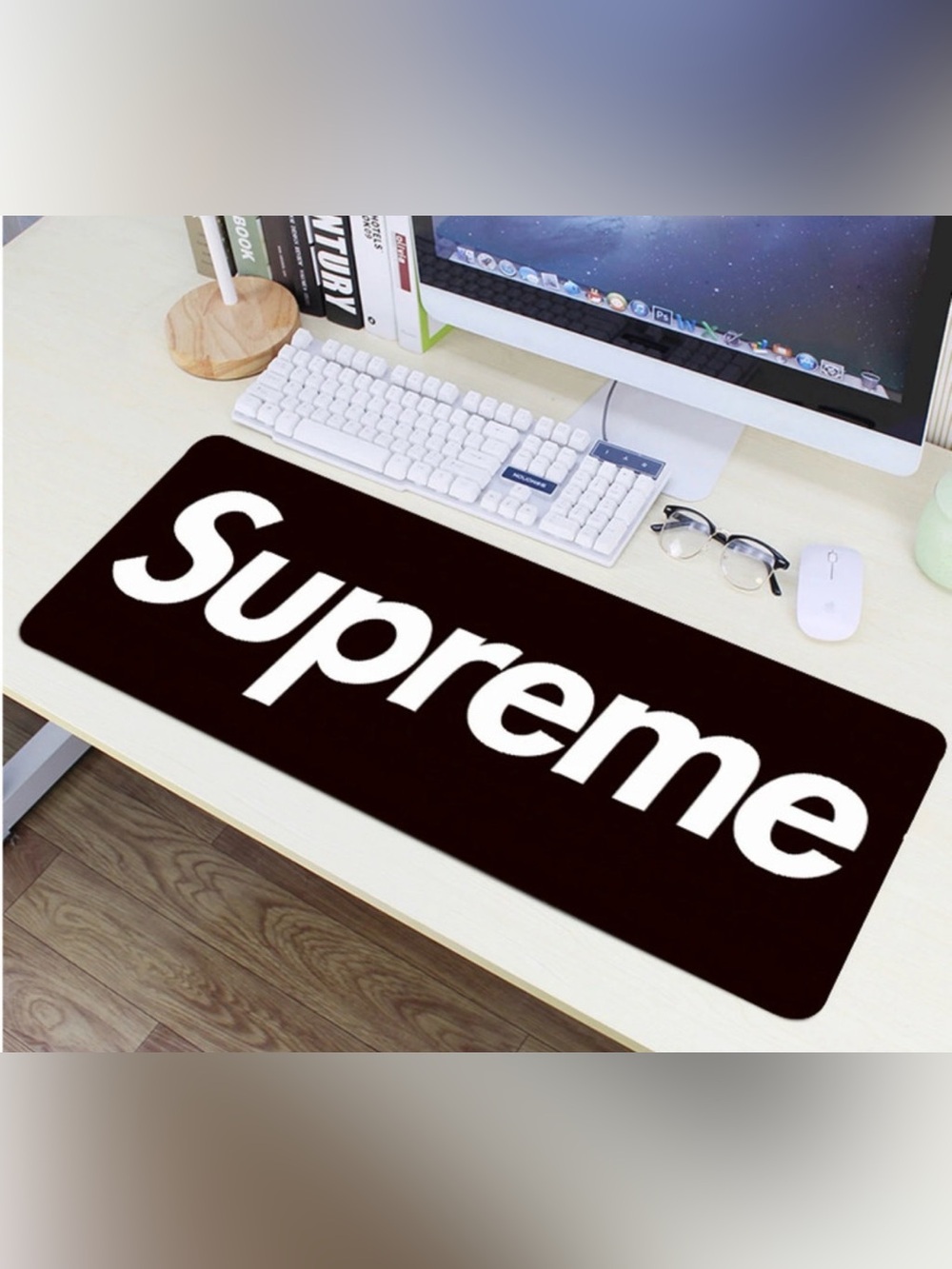 Supreme Black and White Logo Desk Mat